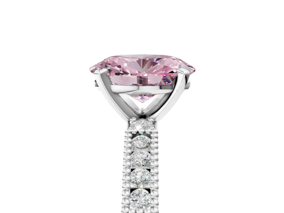 Fancy Pink Oval Cut Solitaire with Pavé Band and Four-Prong Setting Silver