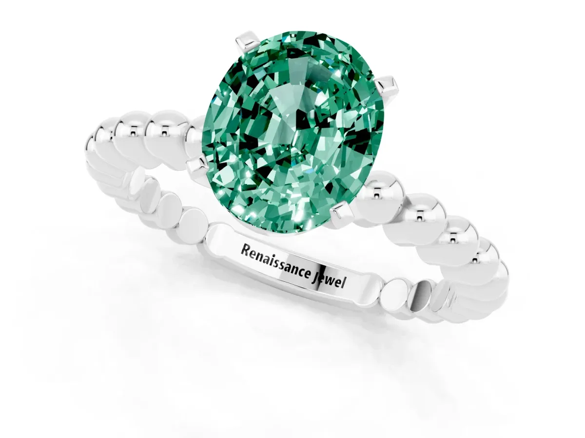 Oval Cut Green Sapphire Solitaire Ring with Beaded Band and Prong Setting Silver
