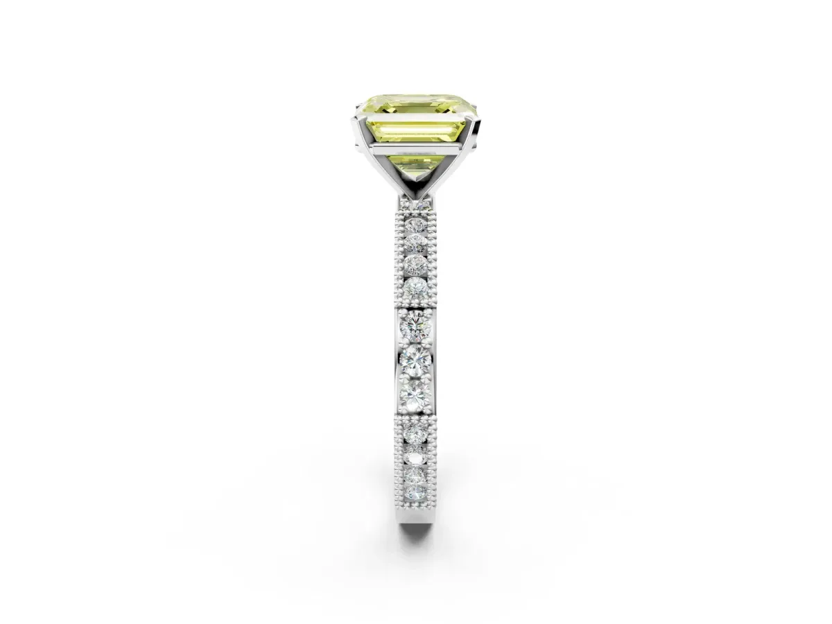 Fancy Yellow Asscher Cut Solitaire with Pavé Band and Four-Prong Setting Silver