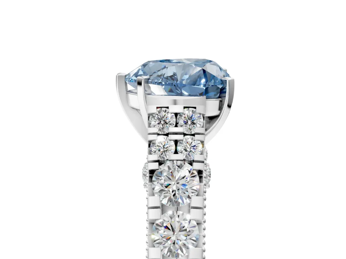 Fancy Blue Heart Cut Diamond Classic Solitaire Ring with Pavé Band and Four-Prong Setting Silver