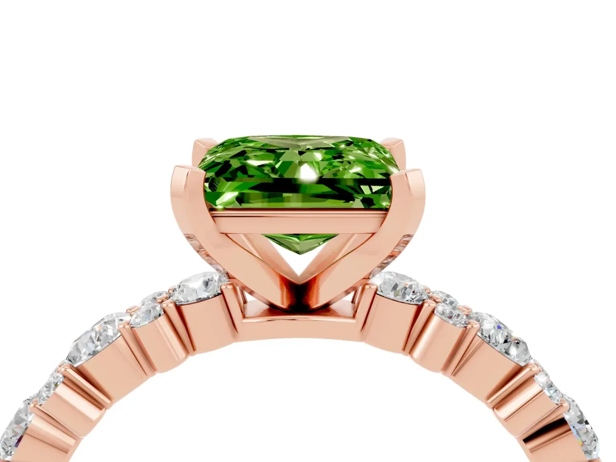 Princess Cut Peridot Side Stone Solitaire Ring with Round and Four-Prong Setting Rose gold