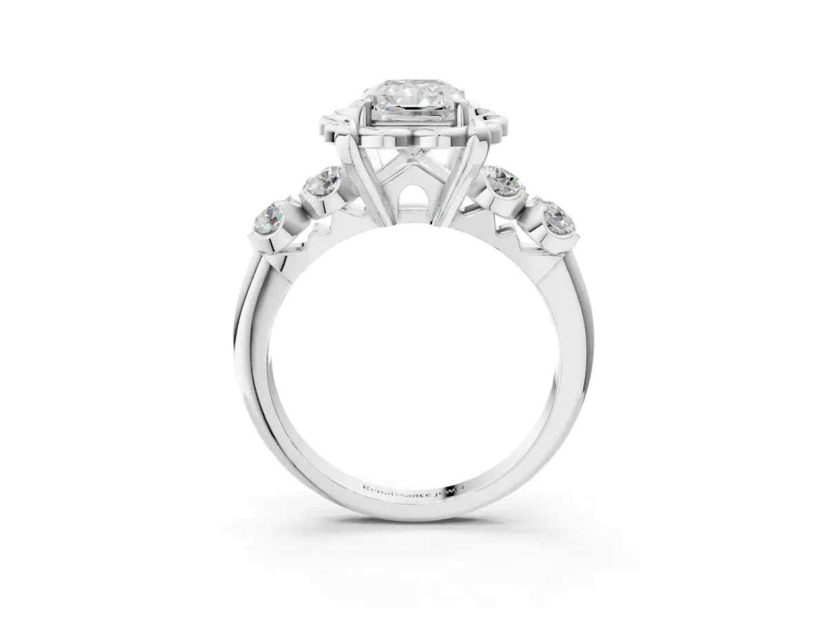 Radiant Cut Cut Diamond Floral Halo Engagement Ring with Shared Prong Setting Silver