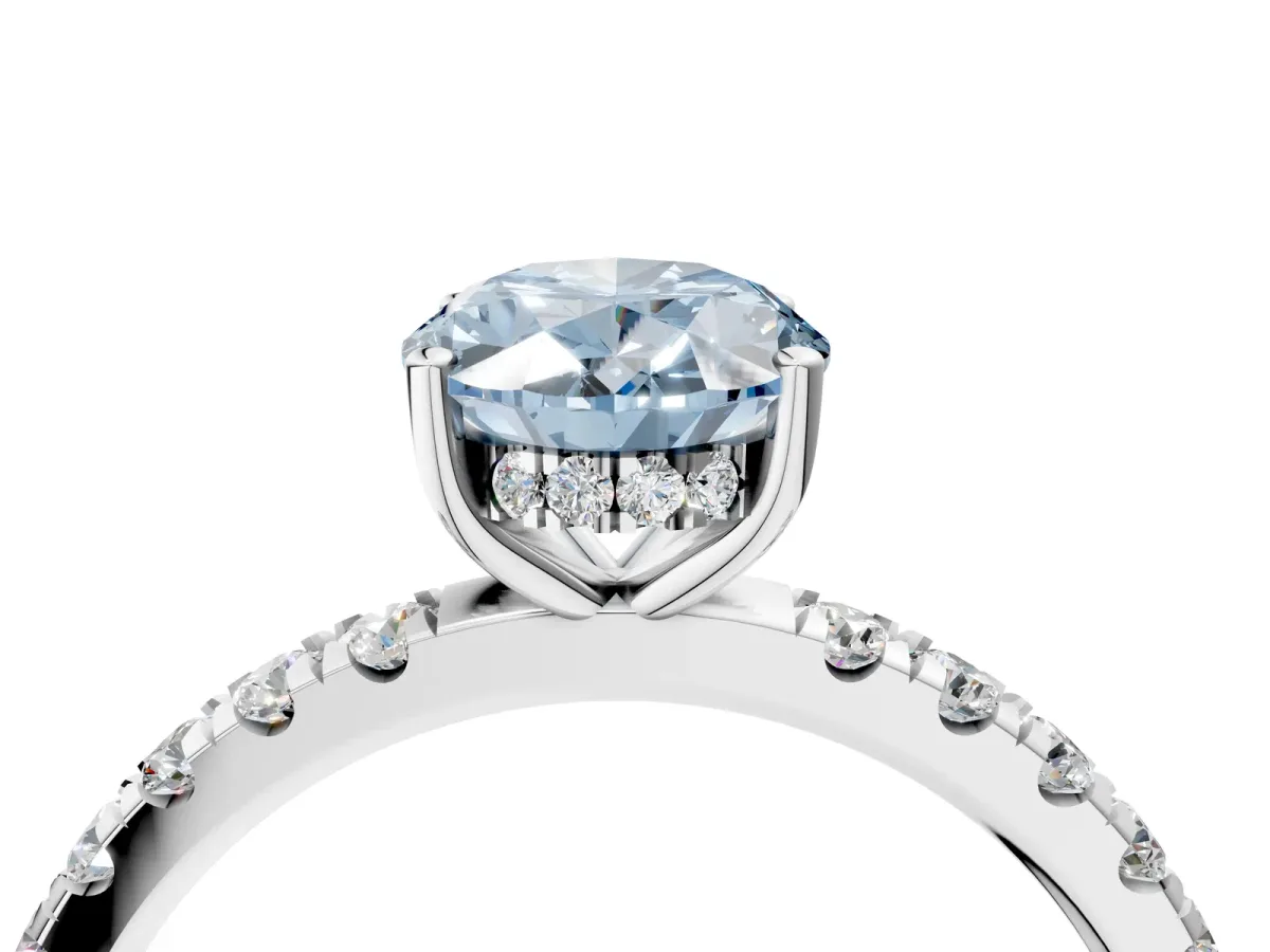 Fancy Blue Oval Cut Diamond Pave Band Solitaire Ring with Round and Prong Setting Platinum