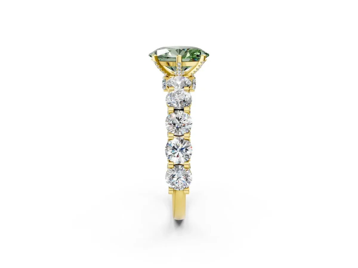 Fancy Green Oval Cut Diamond Side Stone Engagement Ring with Four-Prong Setting Yellow gold