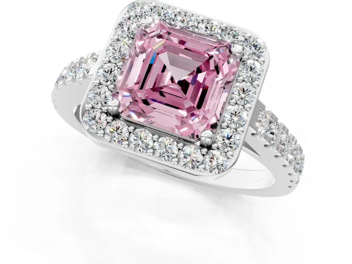 Fancy Pink Asscher Cut Diamond Halo Ring with Round Pavé Split Shank and Prong Setting Platinum