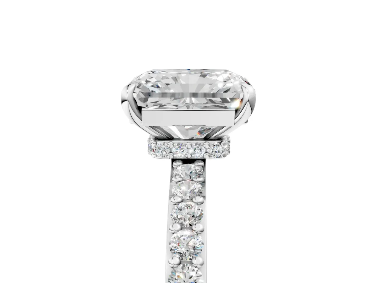 Radiant Cut Diamond Solitaire Engagement Ring with Pavé Band and Four-Prong Setting Silver