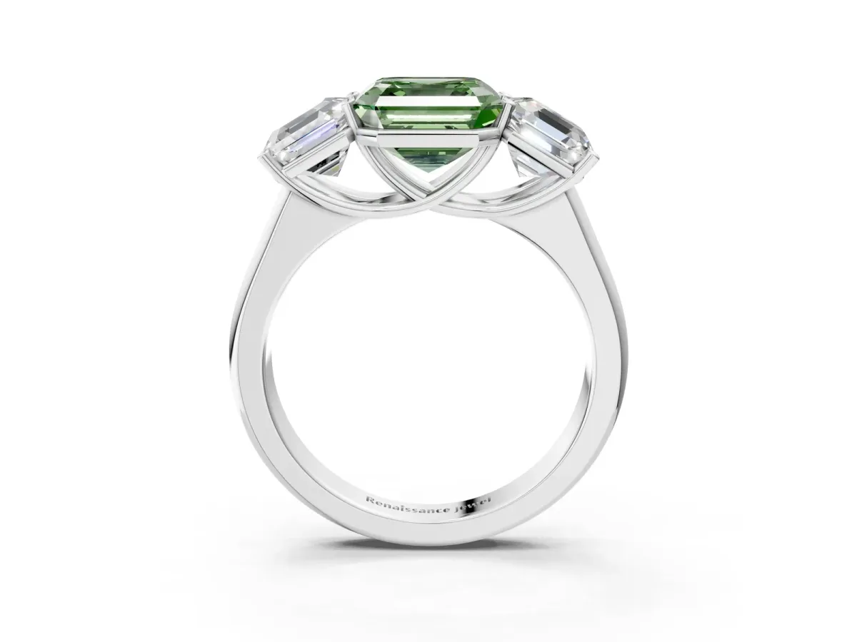 Fancy Green Asscher Cut Three-Stone Diamond Ring with Prong Setting on a Classic Band Platinum