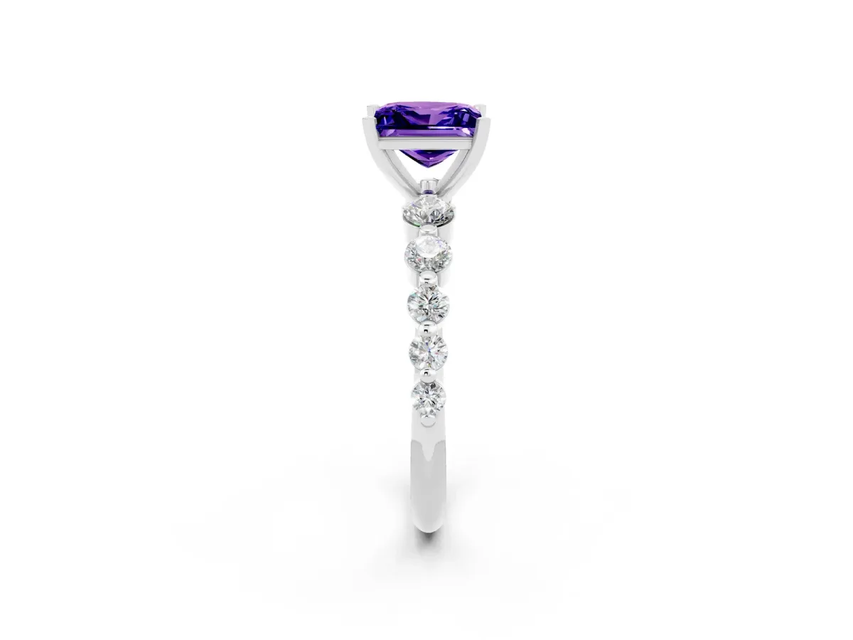 Princess Cut Solitaire Tanzanite Ring with Pave Band and Four-Prong Setting Silver