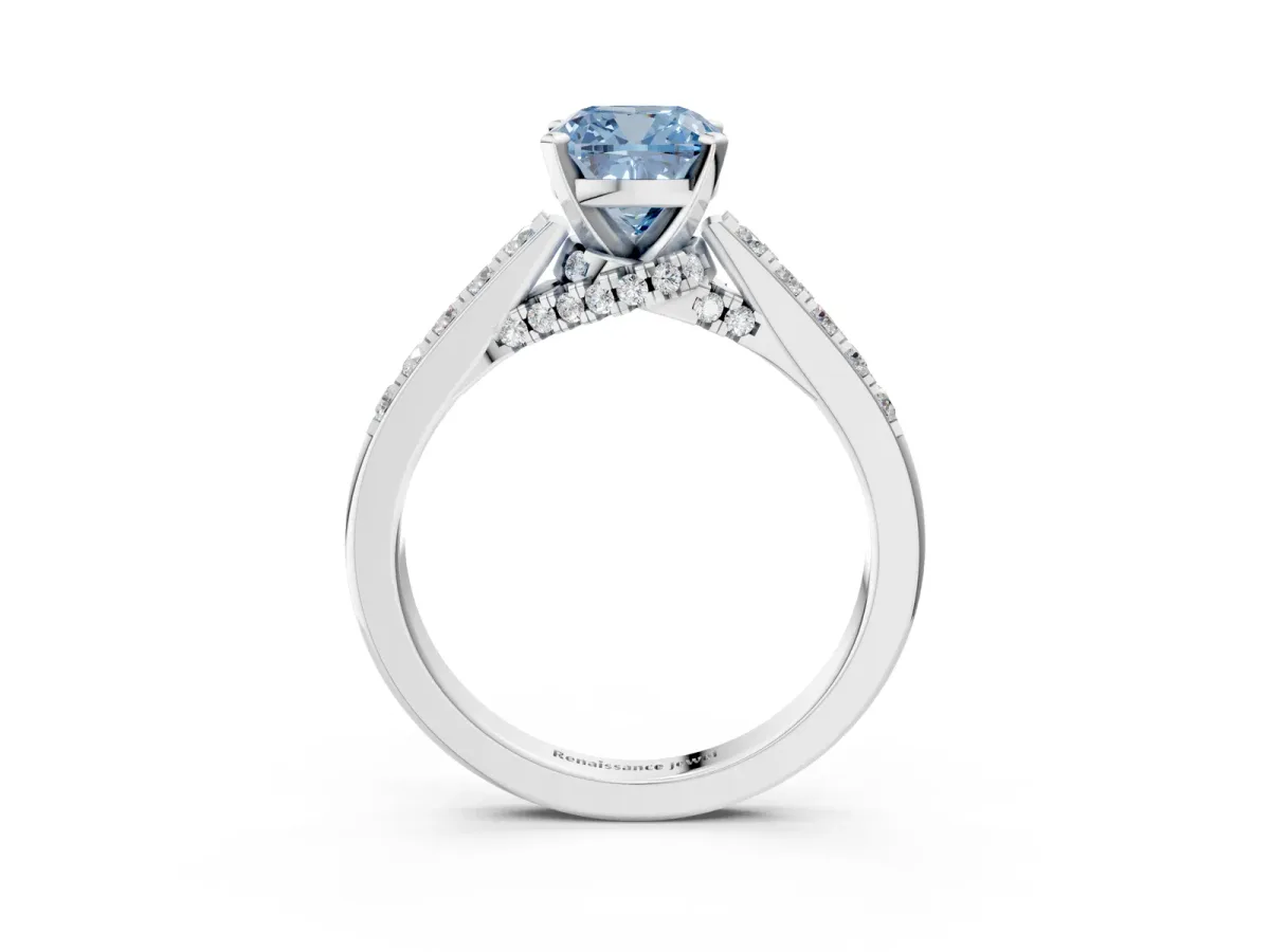Fancy Blue Cushion Cut Diamond Solitaire Ring with Crossover Gallery and Round Pavé Band Silver