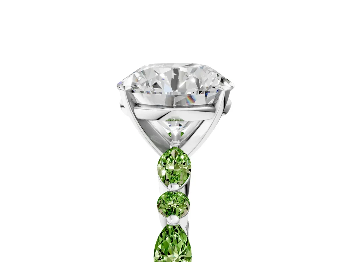 Round Cut Diamond Ring with Marquise and Round Peridot Side Stones and Four-Prong Setting Silver