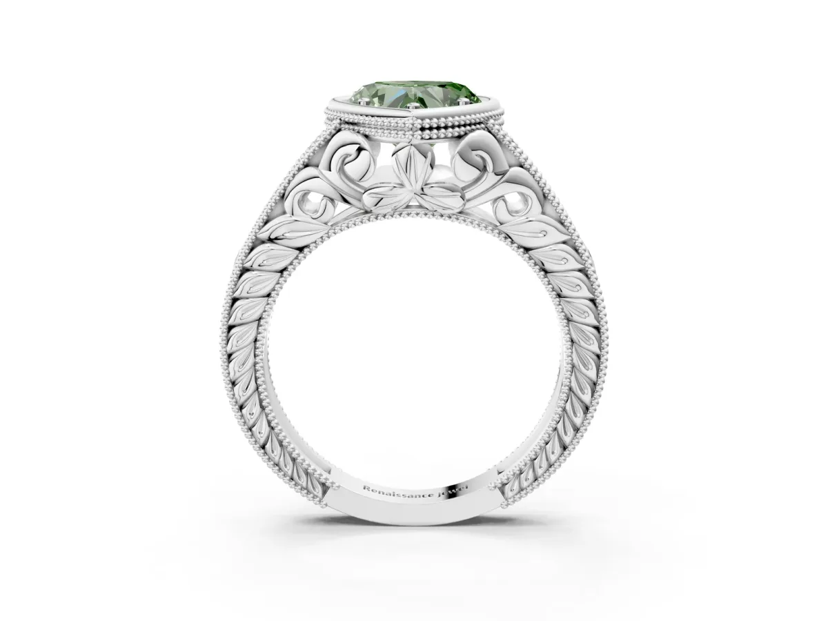 Fancy Green Bezel Set Heart Cut Diamond Milgrain Pave Engagement Ring Platinum