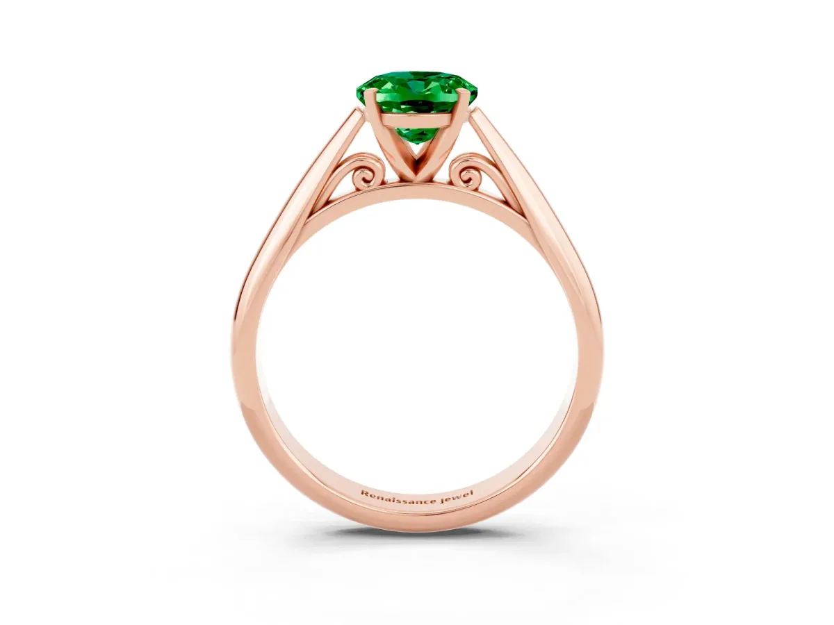 Oval Cut Emerald Solitaire Engagement Ring with Cathedral Setting and Four-Prong Mount Rose gold