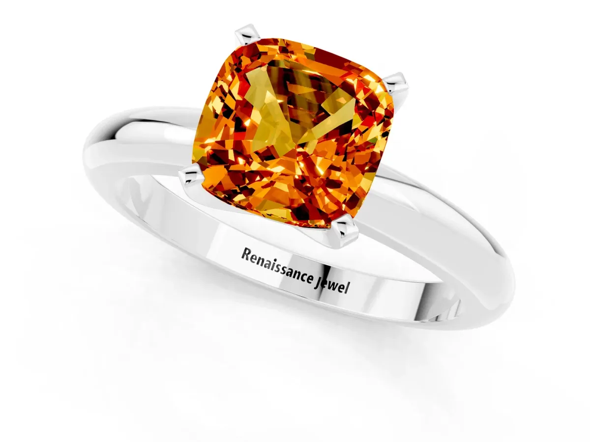 Cushion Cut Citrine Solitaire Engagement Ring with Round Band and Four-Prong Setting Silver
