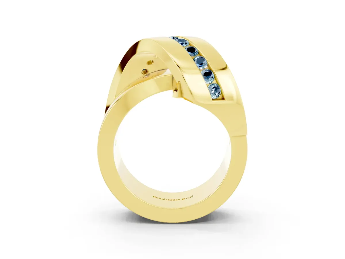 Pavé Round Aquamarine Crossover Band with Channel Setting Yellow gold