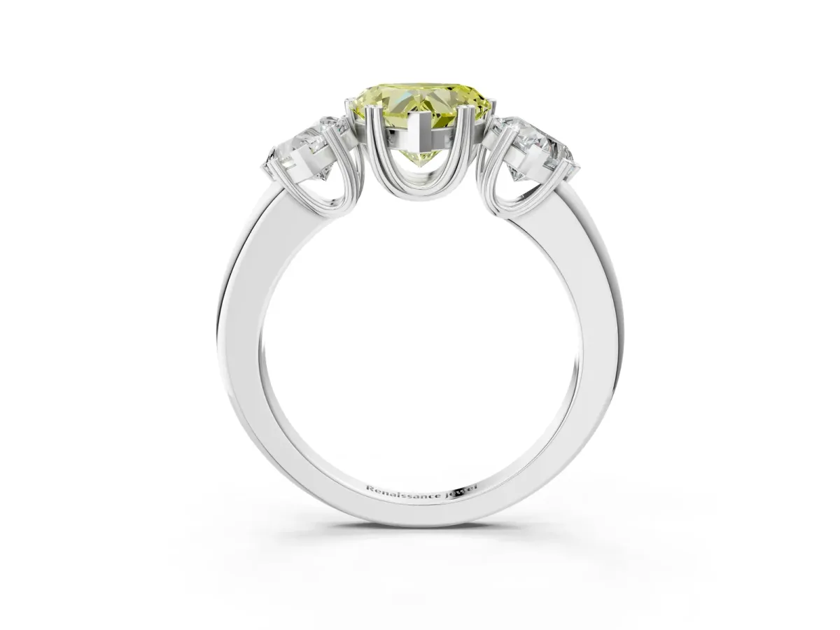 Fancy Yellow Three-Stone Heart Cut Cut Diamond Ring with Channel Set Band and Four-Prong Setting Silver