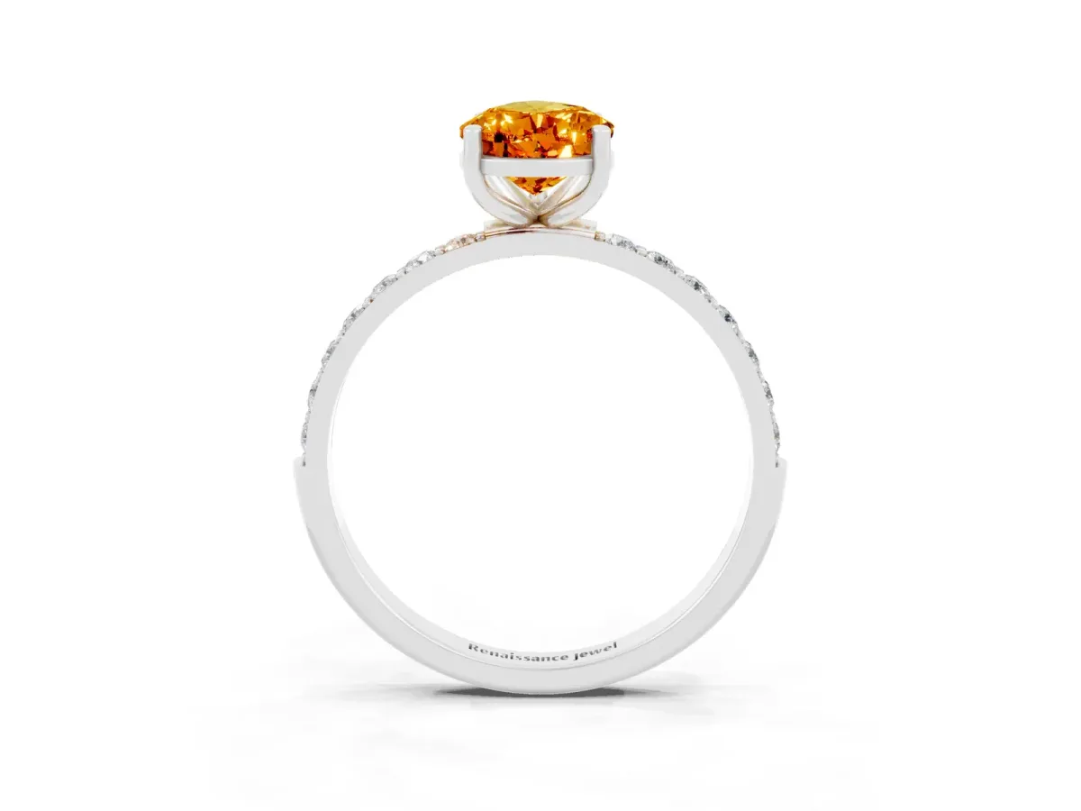 Pear Cut Citrine Solitaire Ring with Round Pavé Shoulders and Prong Setting White gold