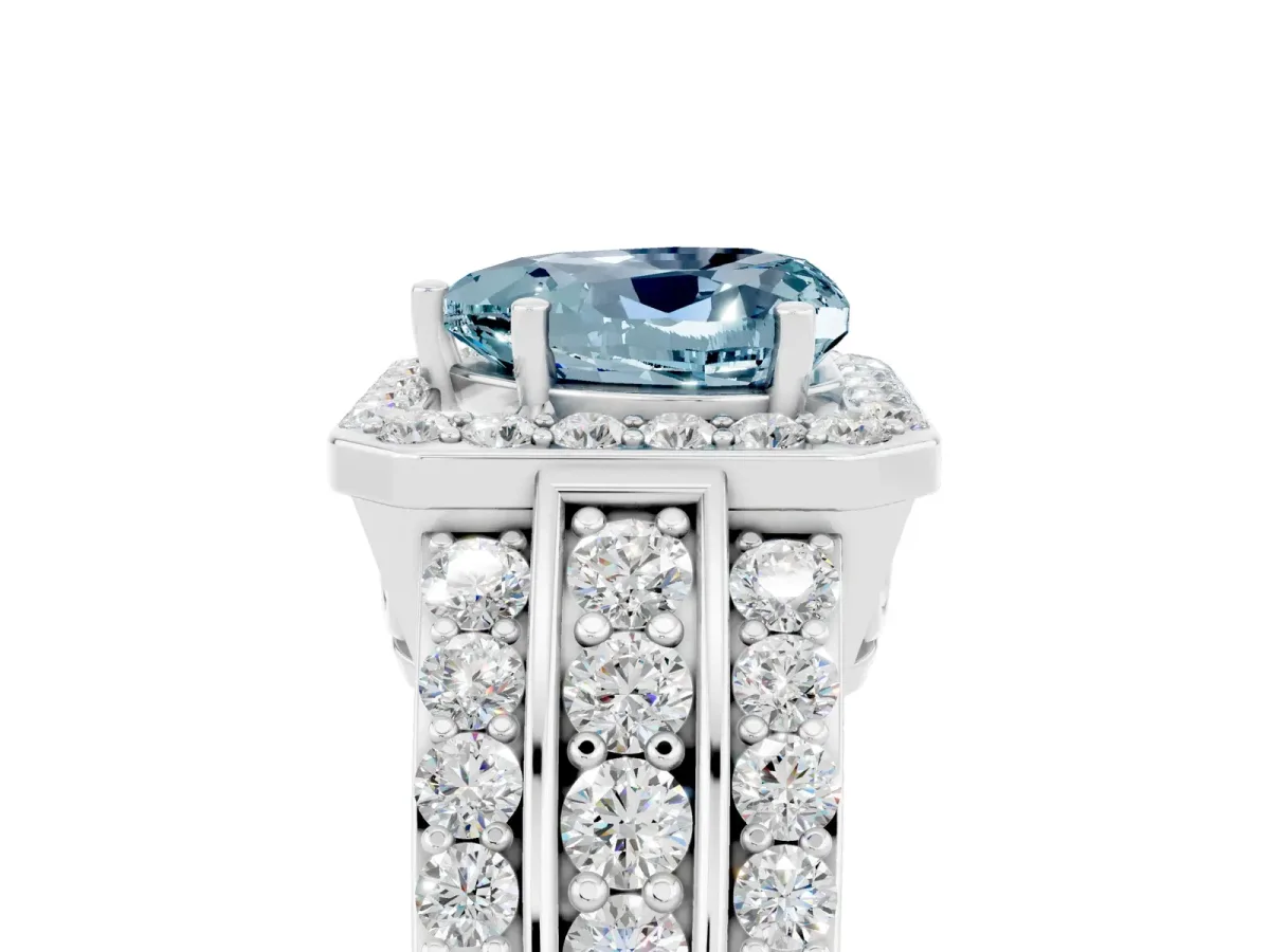 Heart Cut Halo Aquamarine Ring with Round Split Shank and Prong Setting Silver