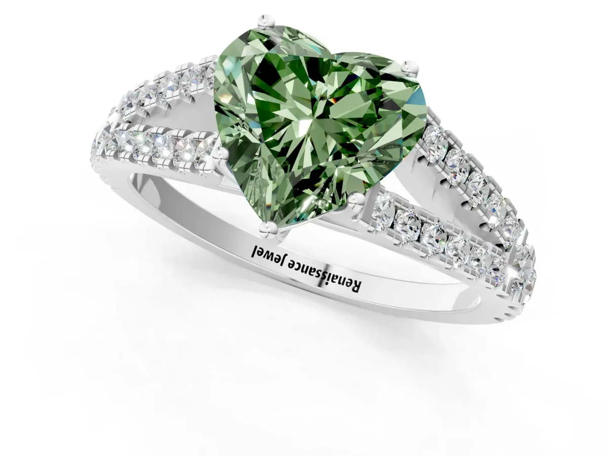 Fancy Green Heart Cut Diamond Split Shank Pavé Engagement Ring with Four-Prong Setting White gold