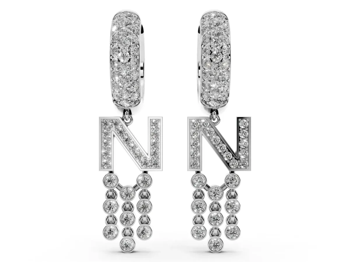 Round Diamond Initial N Huggie Hoop Earrings Platinum