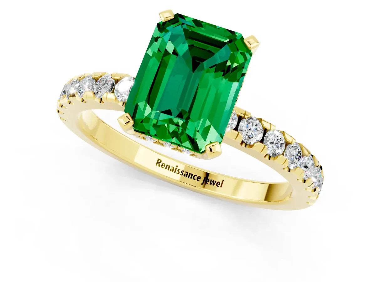 Emerald Cut Emerald Solitaire Ring with Round Pavé Band and Four-Prong Setting Yellow gold