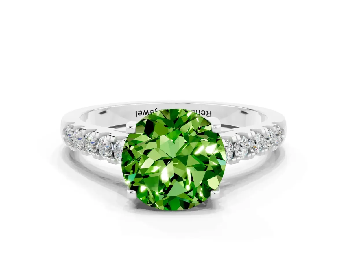 Round Cut Peridot Pavé Band Solitaire Ring with Prong Setting White gold