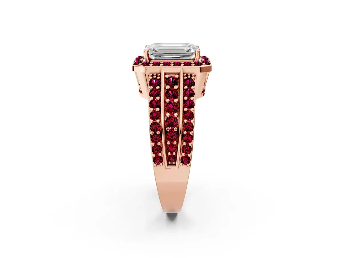 Emerald Cut Halo Diamond Ring with Round Garnet Split Shank and Prong Setting Rose gold