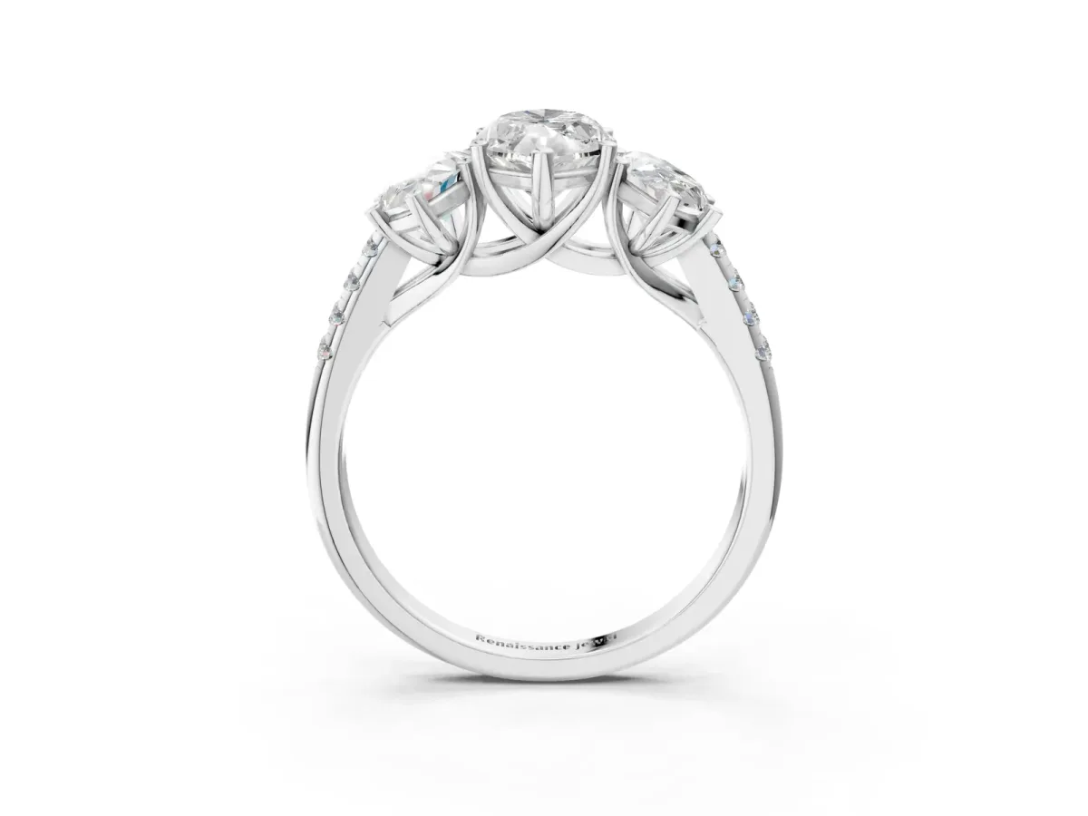 Three-Stone Marquise Cut Diamond Ring with Round Moissanite Pavé Band and Prong Setting Silver