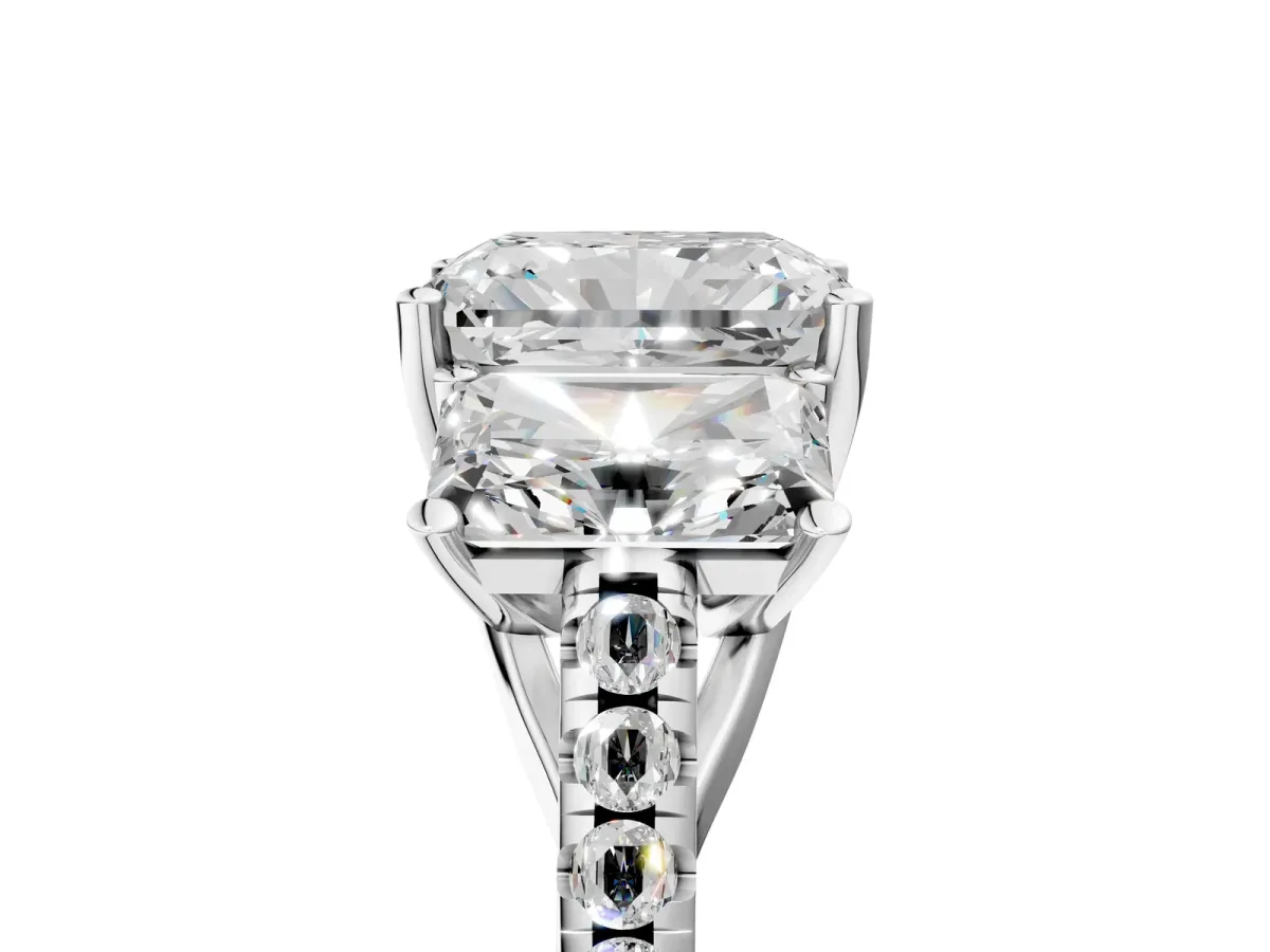 Three-Stone Radiant Cut Diamond Ring with Round Moissanite Pavé Band and Prong Setting Silver