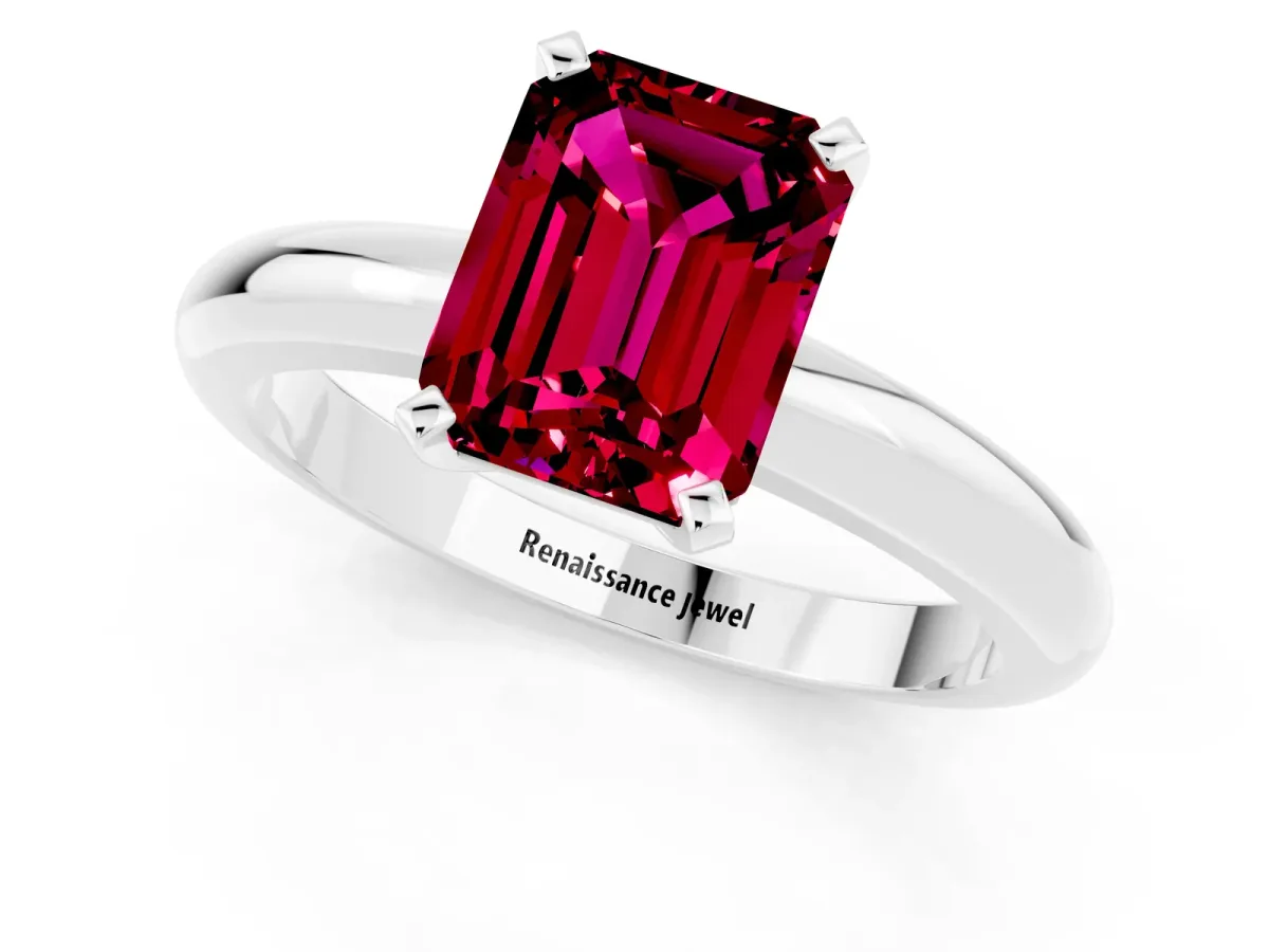 Emerald Cut Garnet Solitaire Engagement Ring with Round Band and Four-Prong Setting Silver