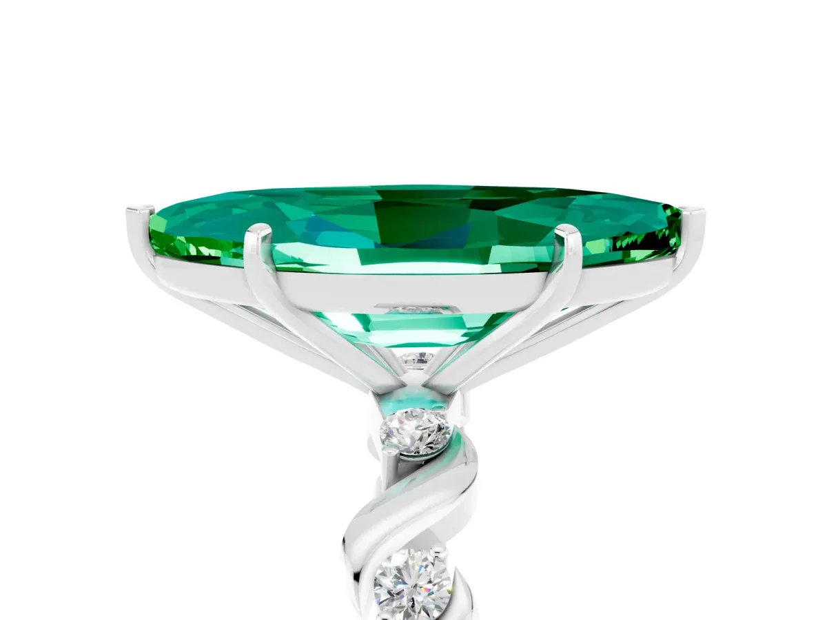 Marquise Cut Emerald Solitaire Twisted Band with Round Accents and Prong Setting Silver