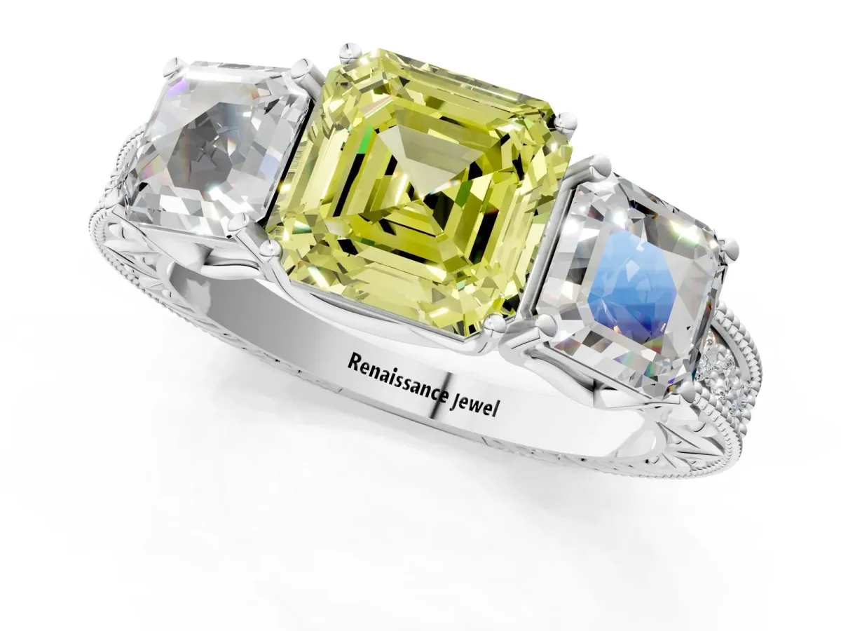 Fancy Yellow Three-Stone Asscher Cut Cut Milgrain Pavé Engagement Ring Platinum