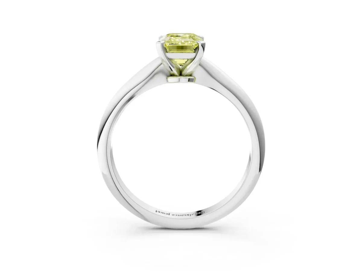 Fancy Yellow Emerald Cut Diamond Solitaire Engagement Ring with Classic Band and Four-Prong Setting Silver