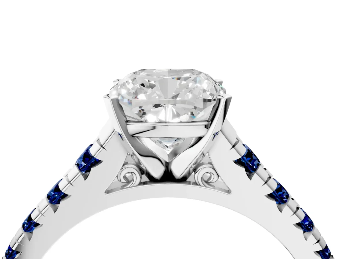 Cushion Cut Diamond Cathedral Solitaire Ring with Round Blue Sapphire Pavé Band Silver