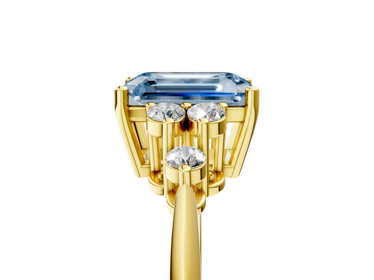 Fancy Blue Emerald Cut Cut Diamond Cluster Ring with Solitaire Band and Four-Prong Setting Yellow gold