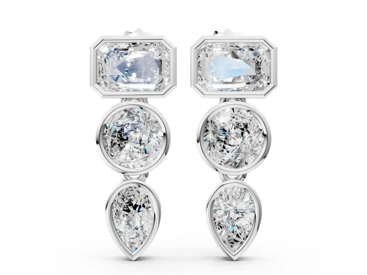 Emerald, Round and Pear Diamond Bezel Drop Earrings White gold