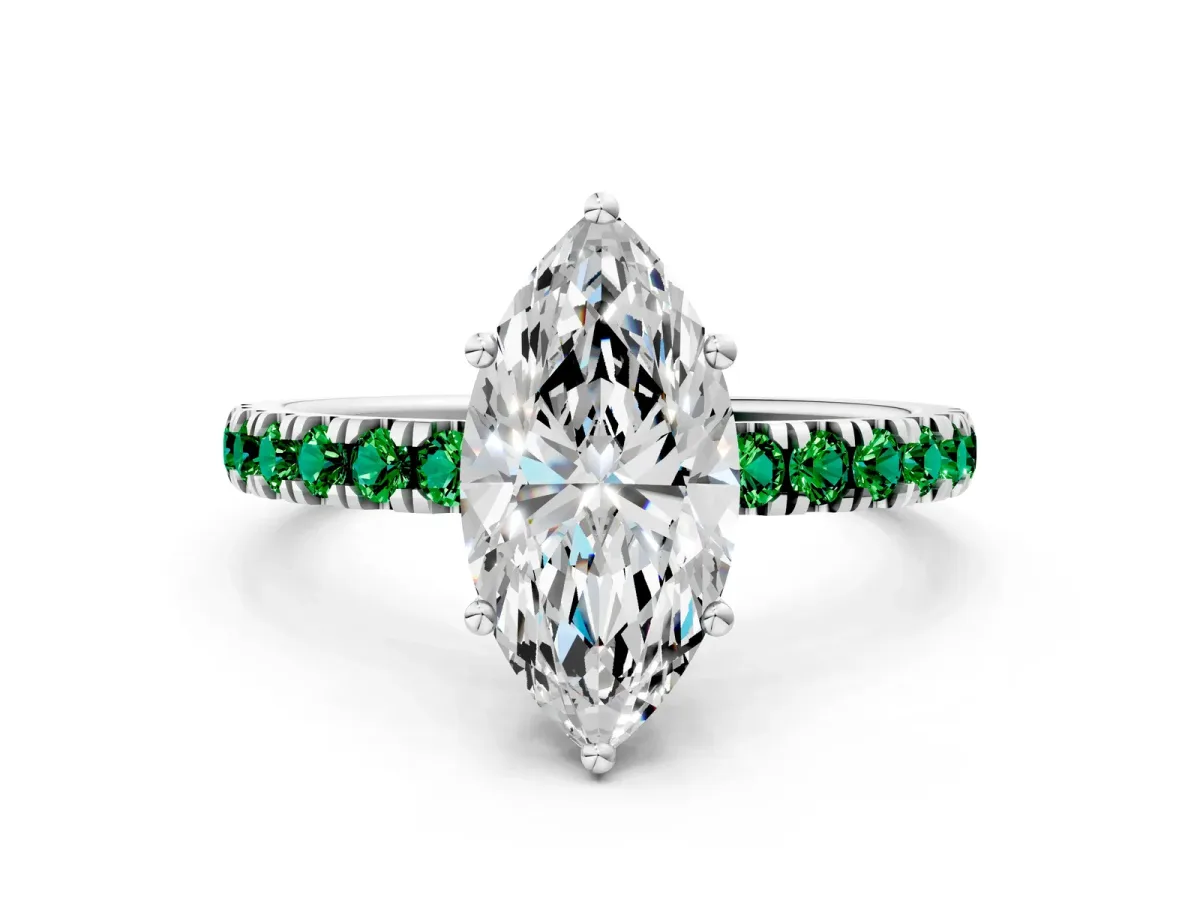 Marquise Cut Diamond Pave Band Solitaire Ring with Round Emerald and Prong Setting Silver