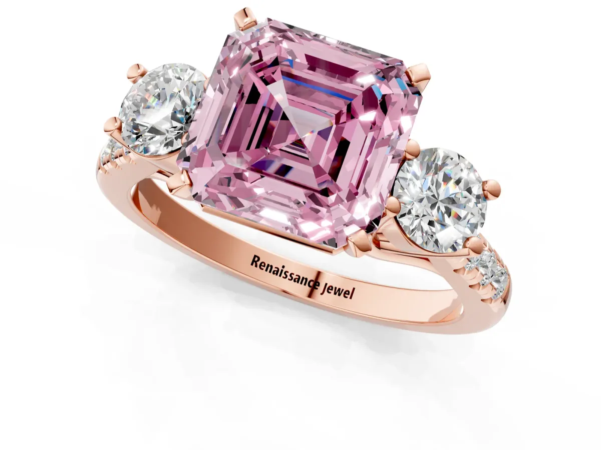Fancy Pink Three-Stone Asscher Cut Diamond Pavé Band with Four-Prong Setting Rose gold