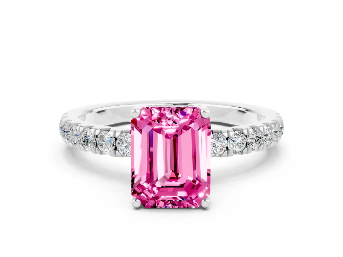 Emerald Cut Pink Sapphire Pave Band Solitaire Ring with Round and Prong Setting Silver