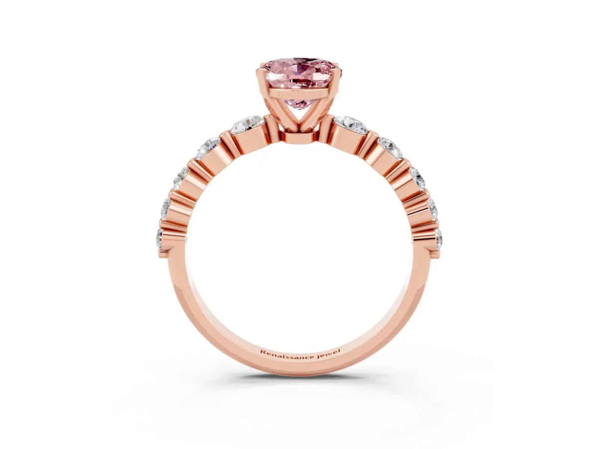 Oval Cut Solitaire Morganite Ring with Pave Band and Four-Prong Setting Rose gold