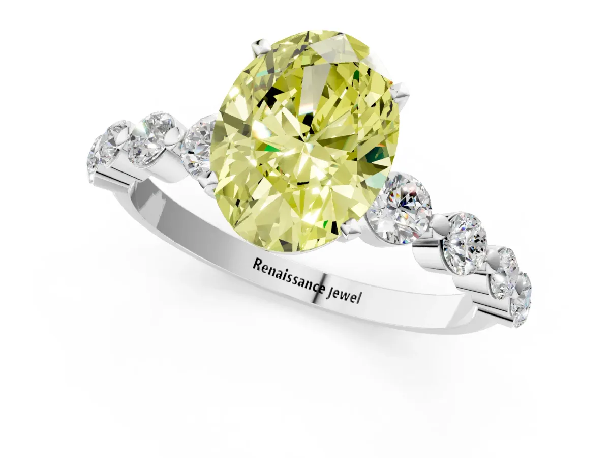 Fancy Yellow Oval Cut Solitaire Diamond Ring with Pave Band and Four-Prong Setting Silver