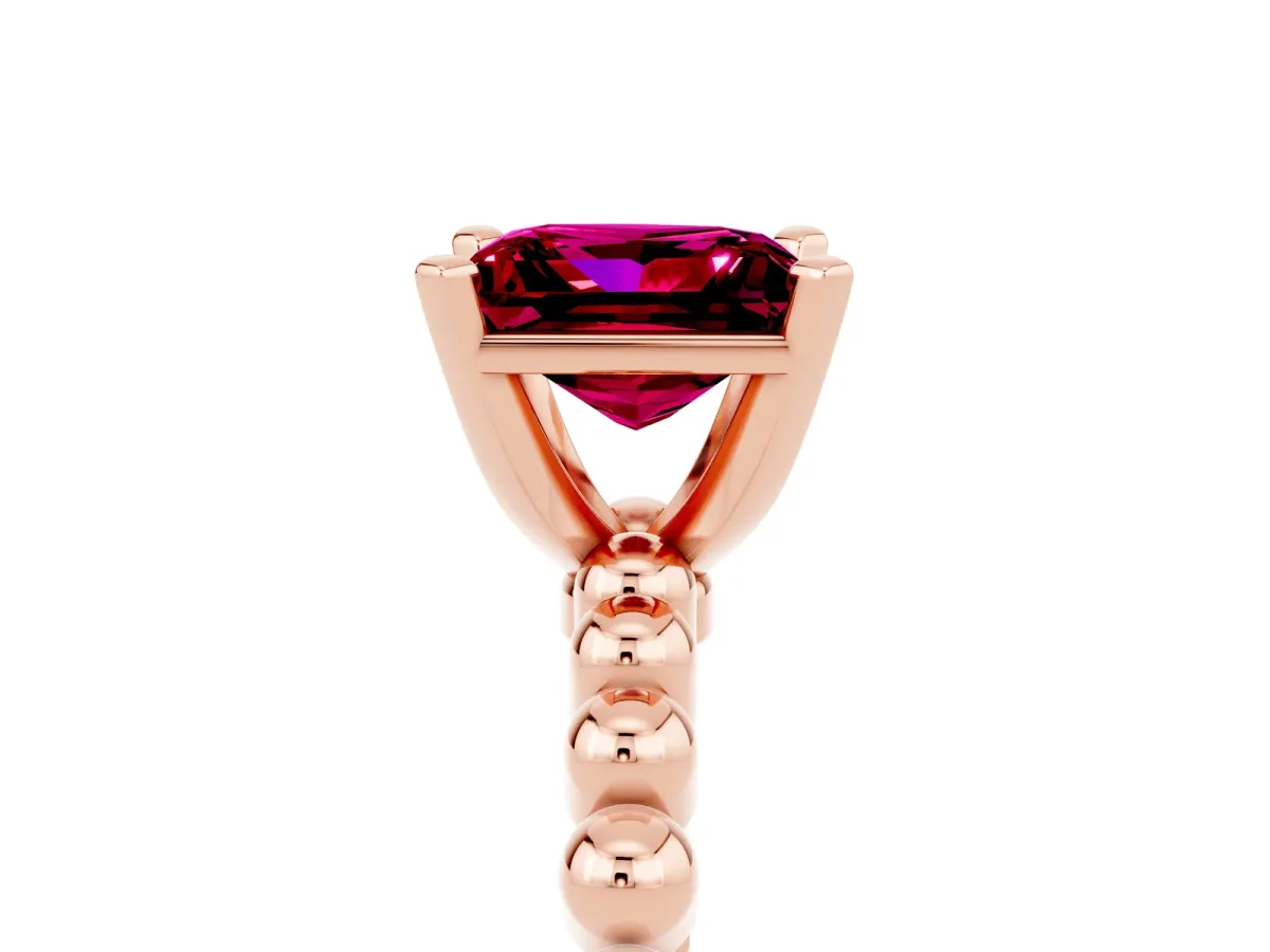 Princess Cut Garnet Solitaire Ring with Beaded Band and Prong Setting Rose gold