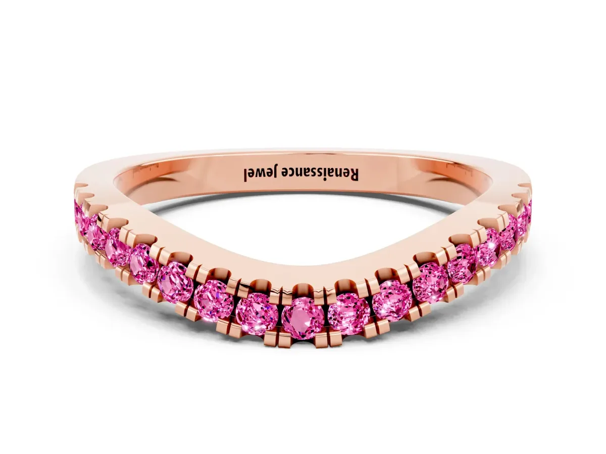 Round Pink Sapphire Pavé Curved Band with Shared Prong Setting Rose gold