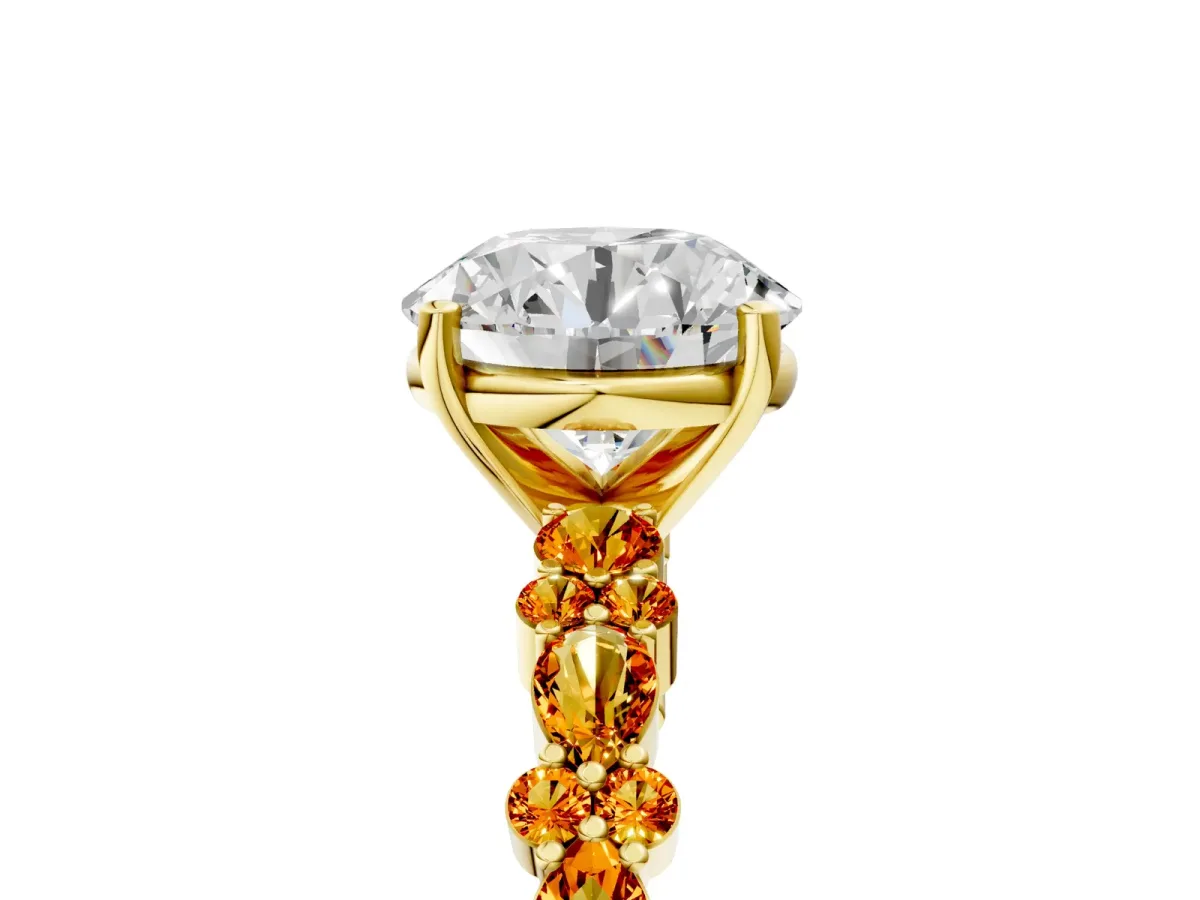 Round Cut Diamond Side Stone Solitaire Ring with Round Citrine and Four-Prong Setting Yellow gold