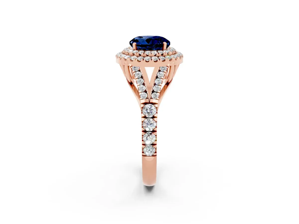 Round Cut Blue Sapphire Double Halo Ring with Split Shank and Prong Setting Rose gold