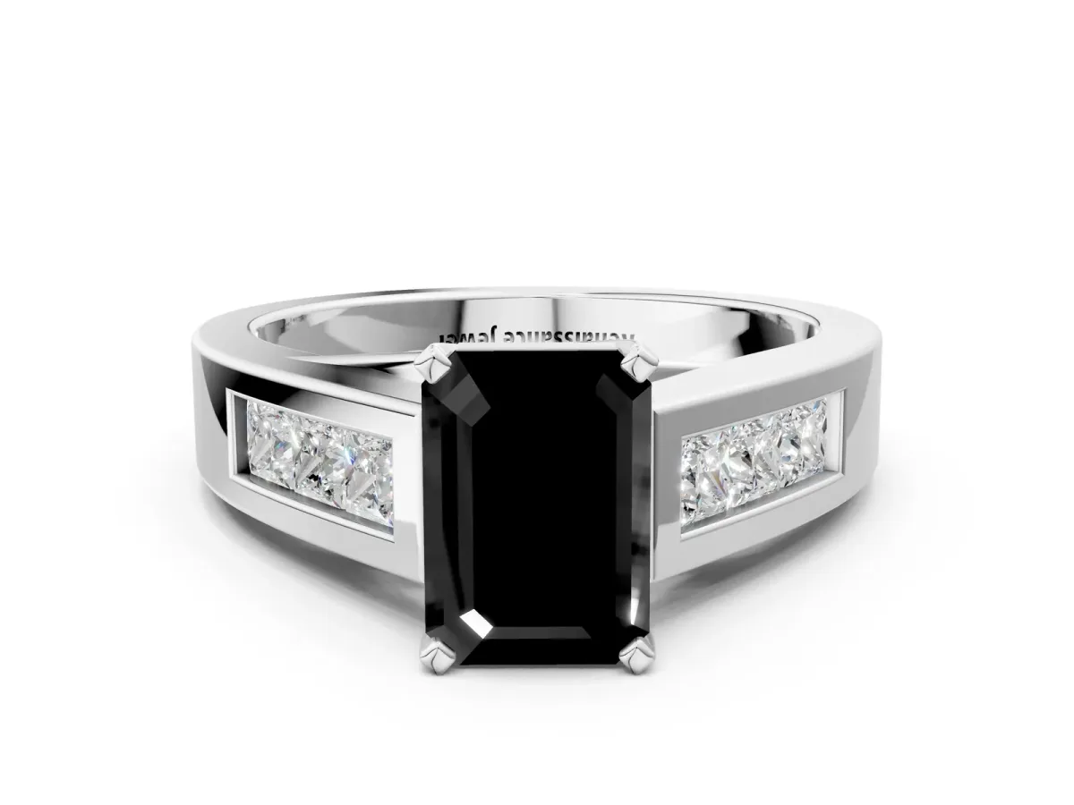 Fancy Black Emerald Cut Cut Channel Set Solitaire Ring with Four-Prong Setting White gold