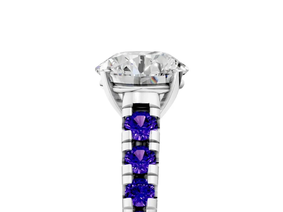 Round Cut Diamond Cathedral Solitaire Ring with Round Tanzanite Pavé Band Silver