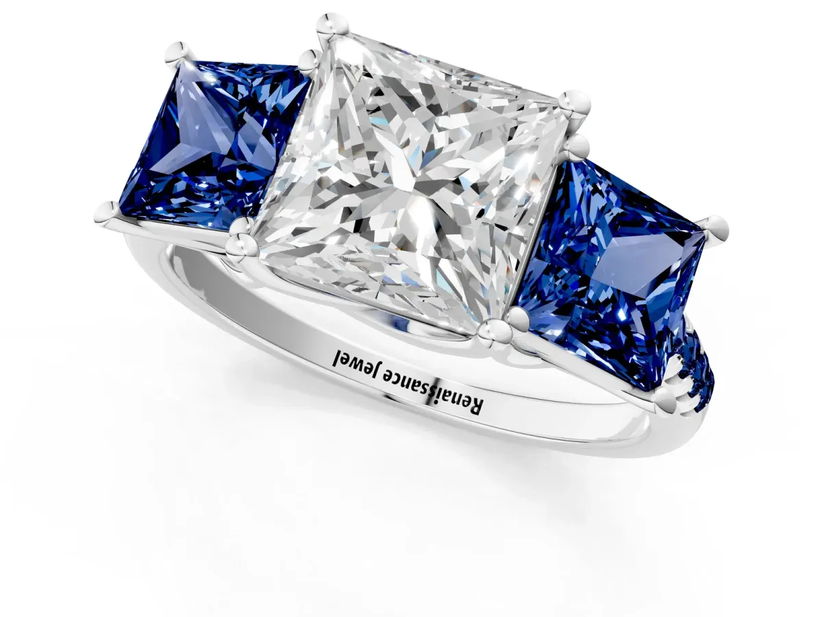 Three-Stone Princess Cut Diamond Ring with Round Blue Sapphire Pavé Band and Prong Setting Silver