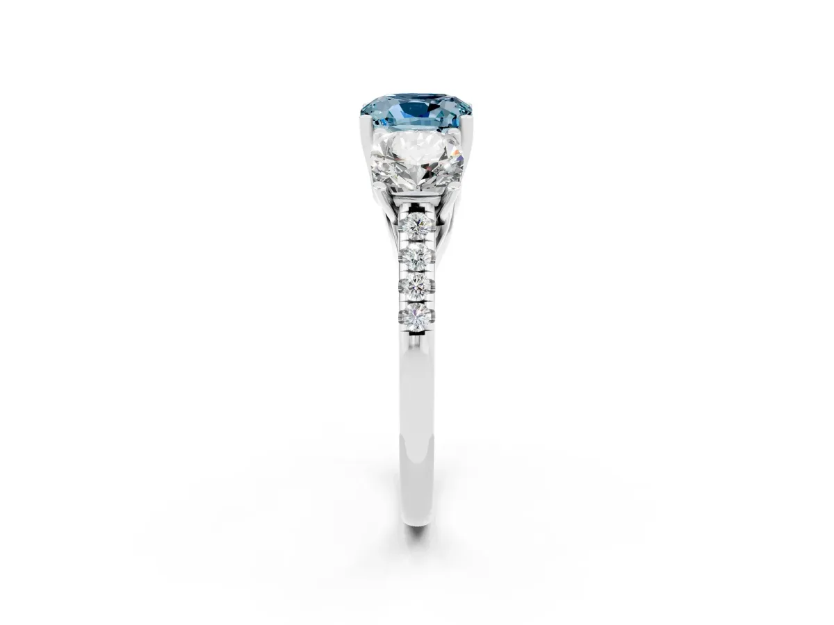 Three-Stone Cushion Cut Aquamarine Ring with Round Pavé Band and Prong Setting Silver