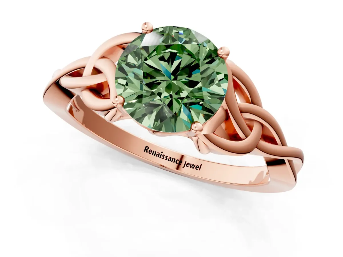 Fancy Green Round Cut Diamond Solitaire Celtic Knot Ring with Four-Prong Setting Rose gold