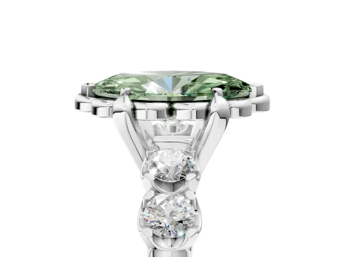 Fancy Green Marquise Cut Cut Diamond Floral Halo Engagement Ring with Shared Prong Setting Silver